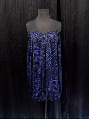 BCBGMaxAzria Royal Blue & Black Patterned Strapless Bubble Hem Mini Dress